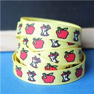 Back to School Ribbons - 10mm Apple & Worm/Yellow